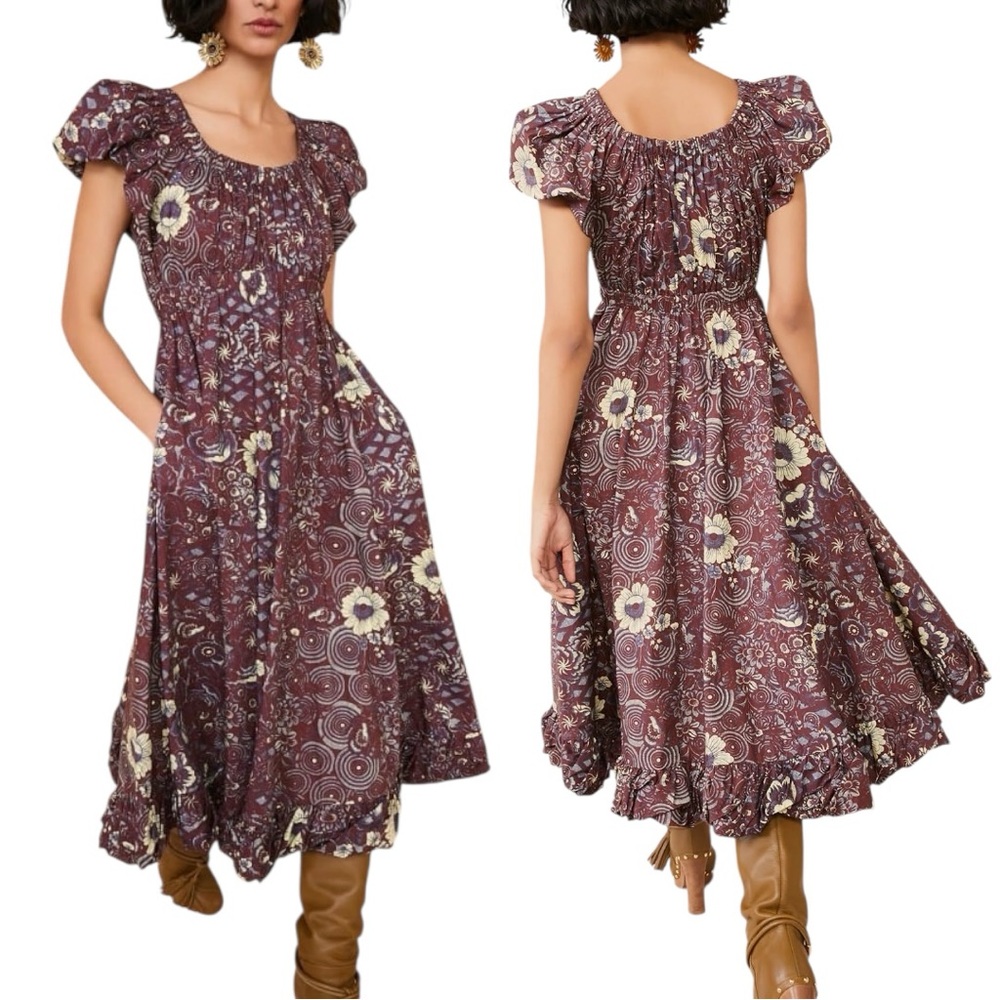 Ulla Johnson Plum Floral Puff-Sleeve Midi Dress